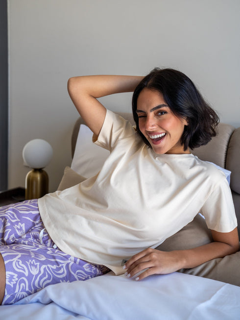 Women Summer Pajama set Creamy T-shirt + Mauve Flowers Short